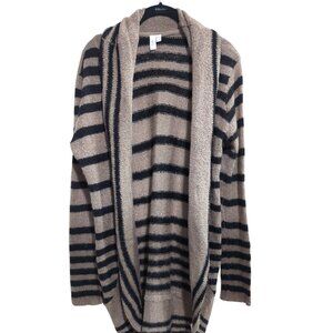 MTLA Large Brown Black Stripe Open Cardigan Shawl Collar Long Sleeve Sweater